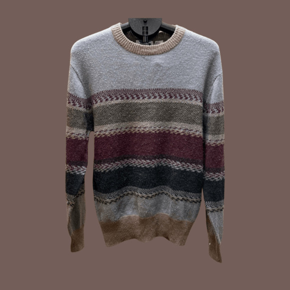 Vintage Honors Unisex Gray Brown Burgundy Striped Wool Blend Knit Sweater L - Picture 1 of 5